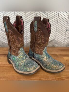 Shyanne Girls Glitterama Teal Blue Western Boots Broad Square Toe Girls Size 9 D